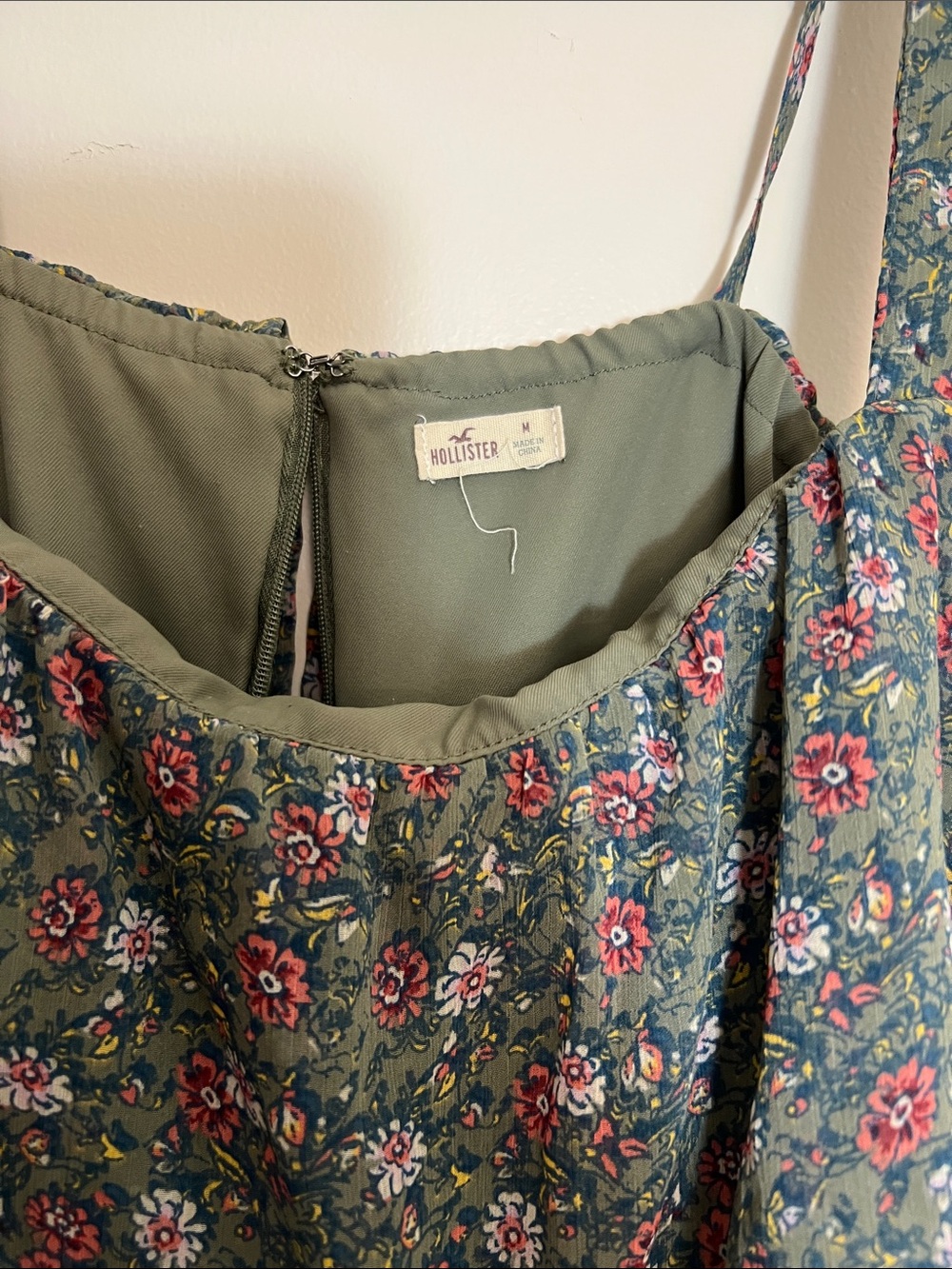 Hollister Olive Green Floral Sundress with Pink & Yellow Flowers